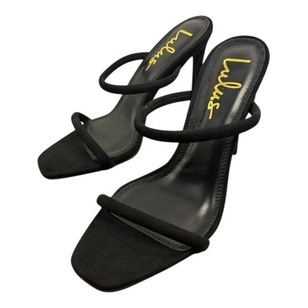NIB‎ Lulus Theyaa Black Faux Suede Square Toe High Heel Sandals Size 8